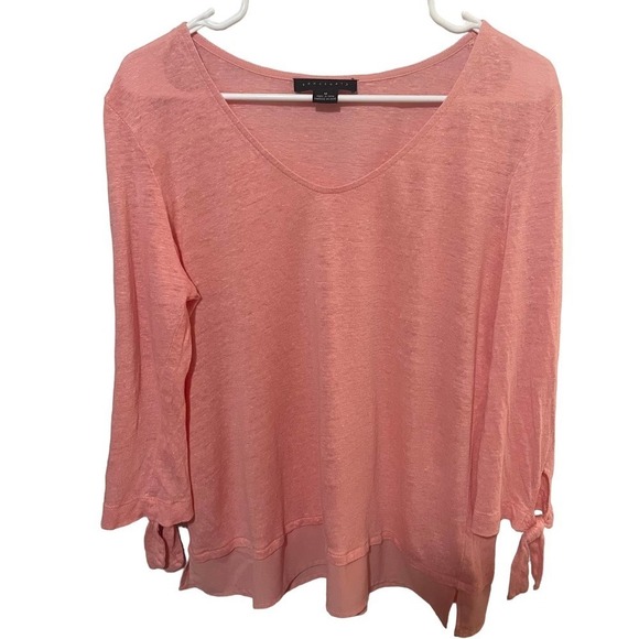 Sanctuary Stitch Fix Tiered Tied 3/4 Sleeve Salmon 100% Linen Sylvie Top - Picture 2 of 8